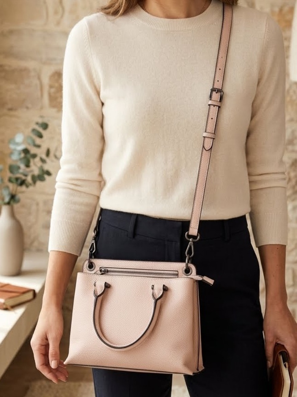 Expressions NYC Crossbody Bag Purse Satchel Pebbled Blush Pink adjustable strap